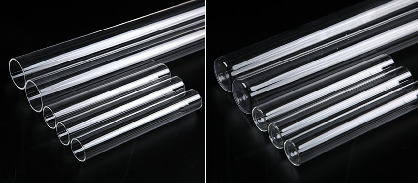 Five quartz sleeves with different sizes are arranged neatly on a black background.