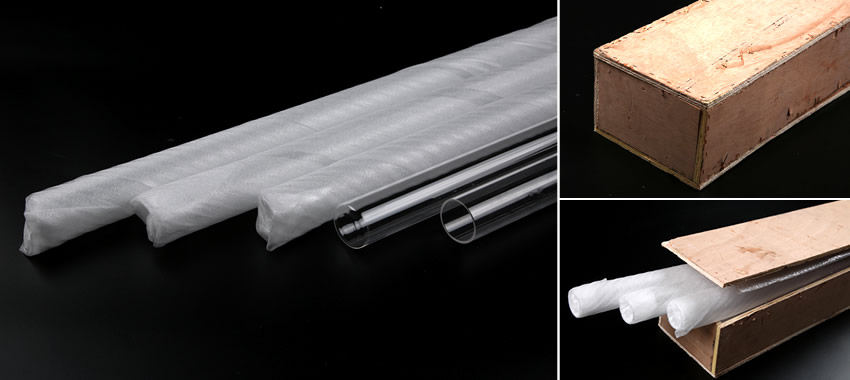 Foamed paper-wrapped quartz sleeves are placed in a long wooden sealed box with bubble paper.