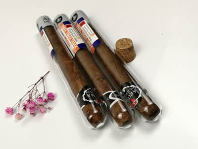 Three cigar glass tubes with cigars and a cork stopper on the white background.