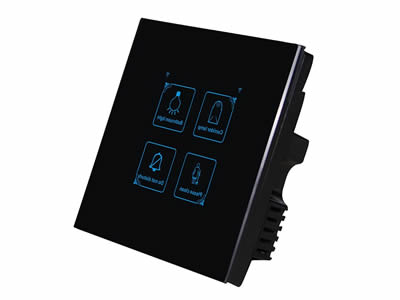 Un interruptor táctil de vidrio de color negro con cuatro caracteres de patrón e instrucción.