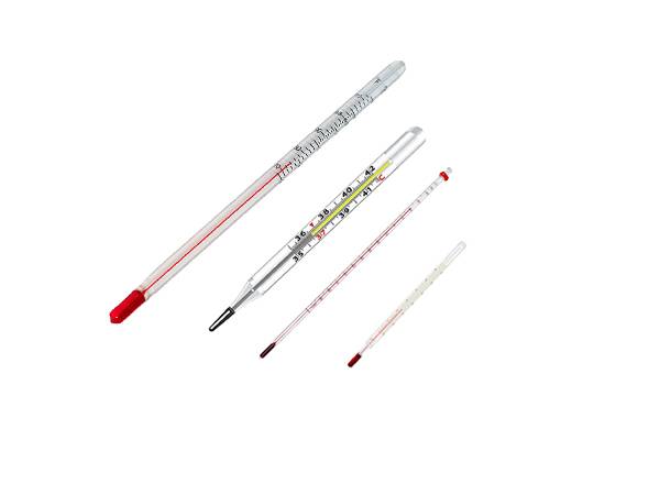 Four different thermometers on white background.
