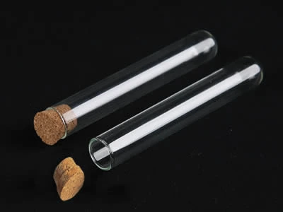 A closed and an opened laboratory culture tube with T-shape cork stopper on the black background.