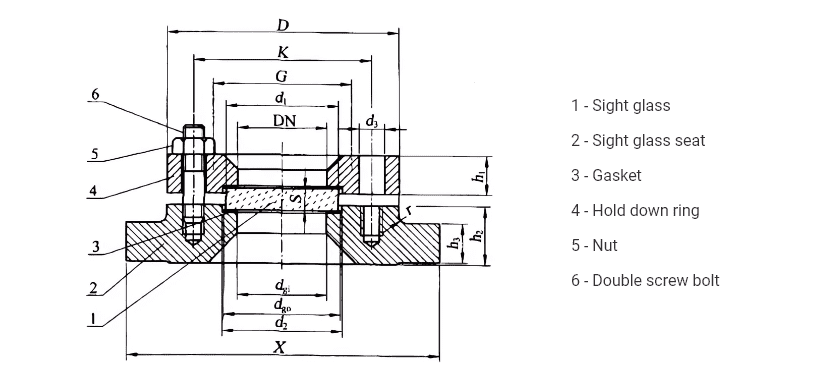 Standard pressure vessel sight glass sketch with size marking