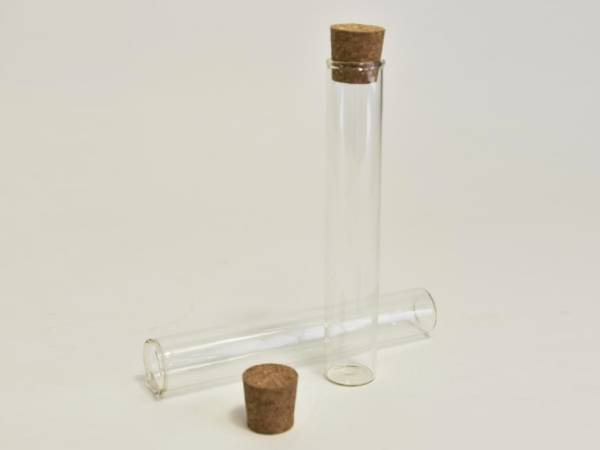 Two glass test tubes with wooden cork stoppers.